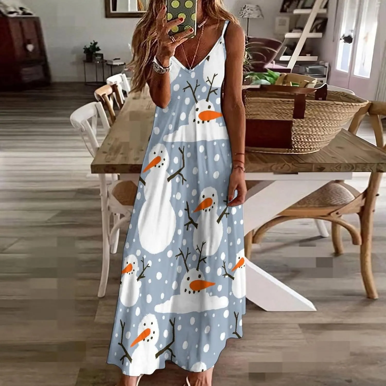 Happy Snowmen Snowfall Long Summer Dresses for Women 2025 Summer Maxi Dresses Flowy Spaghetti Strap Sundress