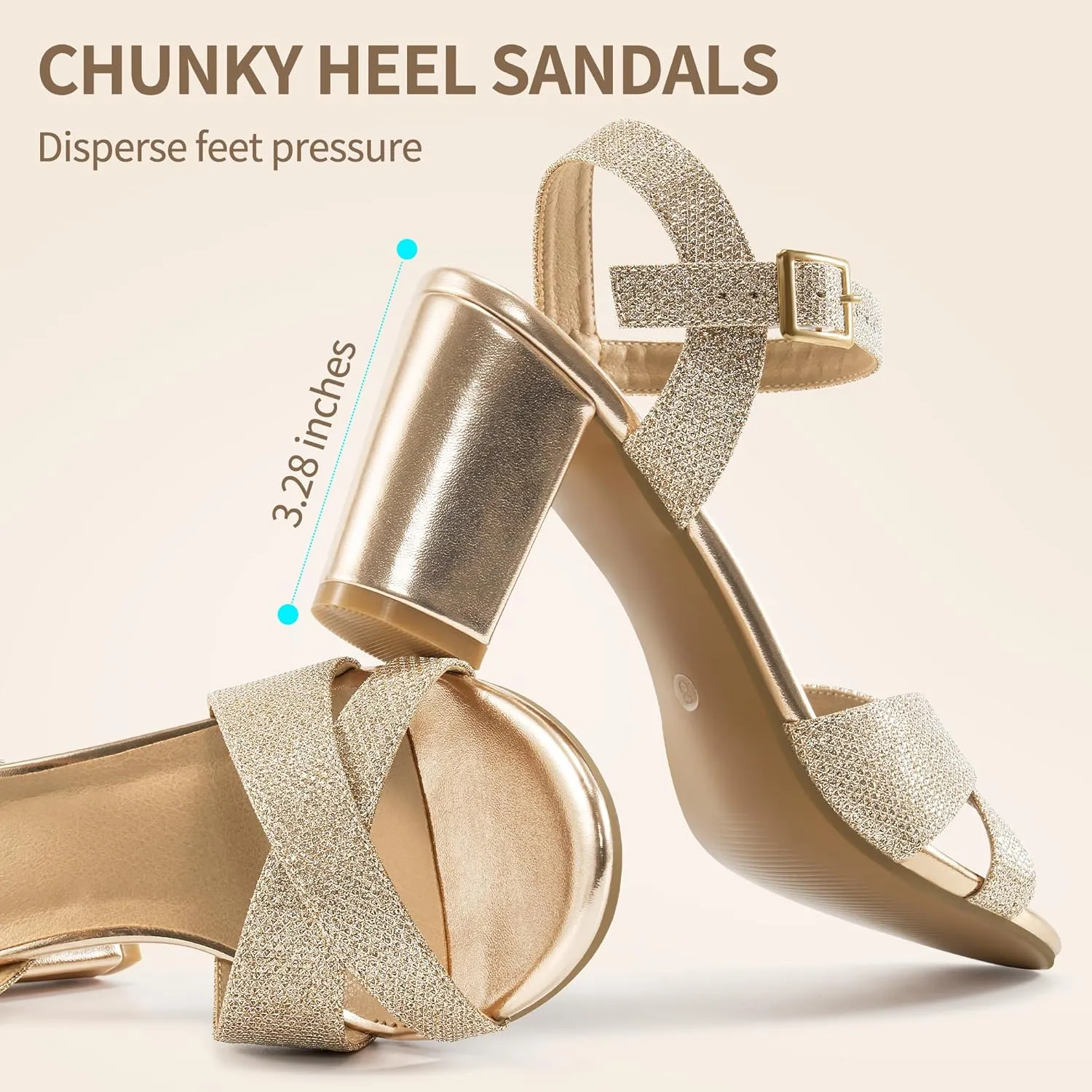 HARENCE Chunky Heels for Women Wedding: Fashion Sparkly Dressy Shoes Open Toe Ankle Strap Heeled Sandal for Prom Party