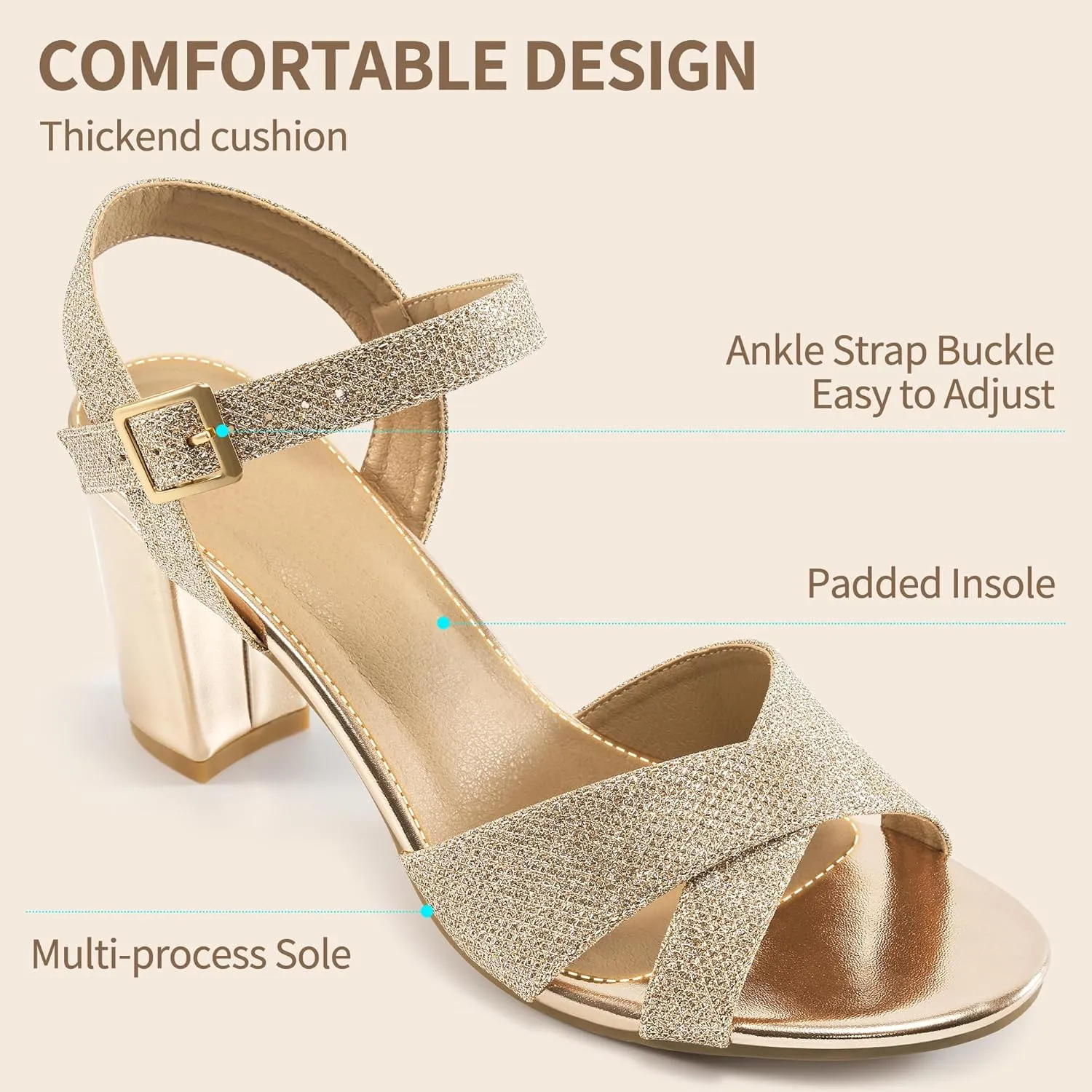 HARENCE Chunky Heels for Women Wedding: Fashion Sparkly Dressy Shoes Open Toe Ankle Strap Heeled Sandal for Prom Party