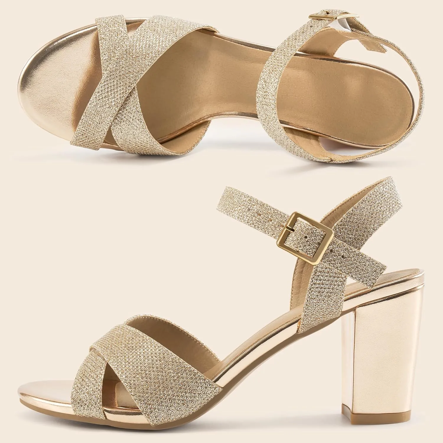 HARENCE Chunky Heels for Women Wedding: Fashion Sparkly Dressy Shoes Open Toe Ankle Strap Heeled Sandal for Prom Party