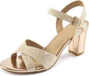 HARENCE Chunky Heels for Women Wedding: Fashion Sparkly Dressy Shoes Open Toe Ankle Strap Heeled Sandal for Prom Party