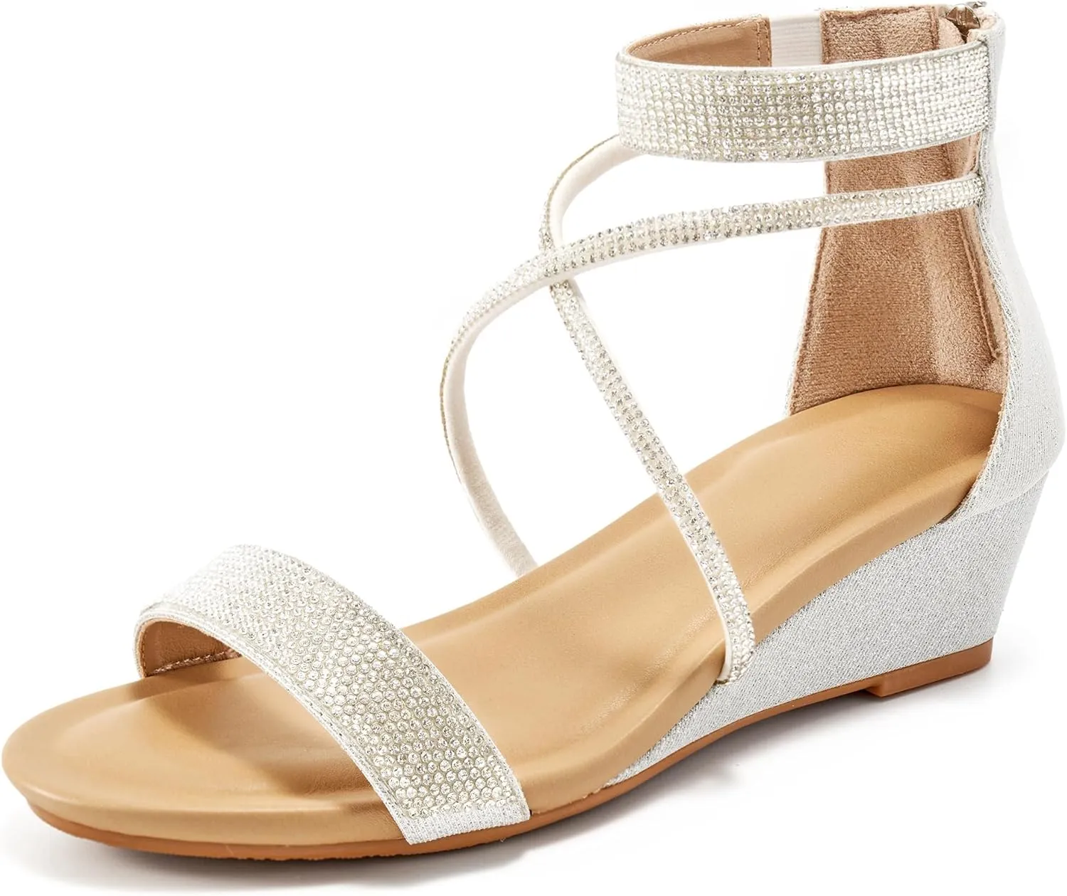 HARENCE Wedge Sandals for Women Dressy: Comfortble Ankle Strap Zipper Low Heels Shoes Fashion Sparkly Summer Sandals
