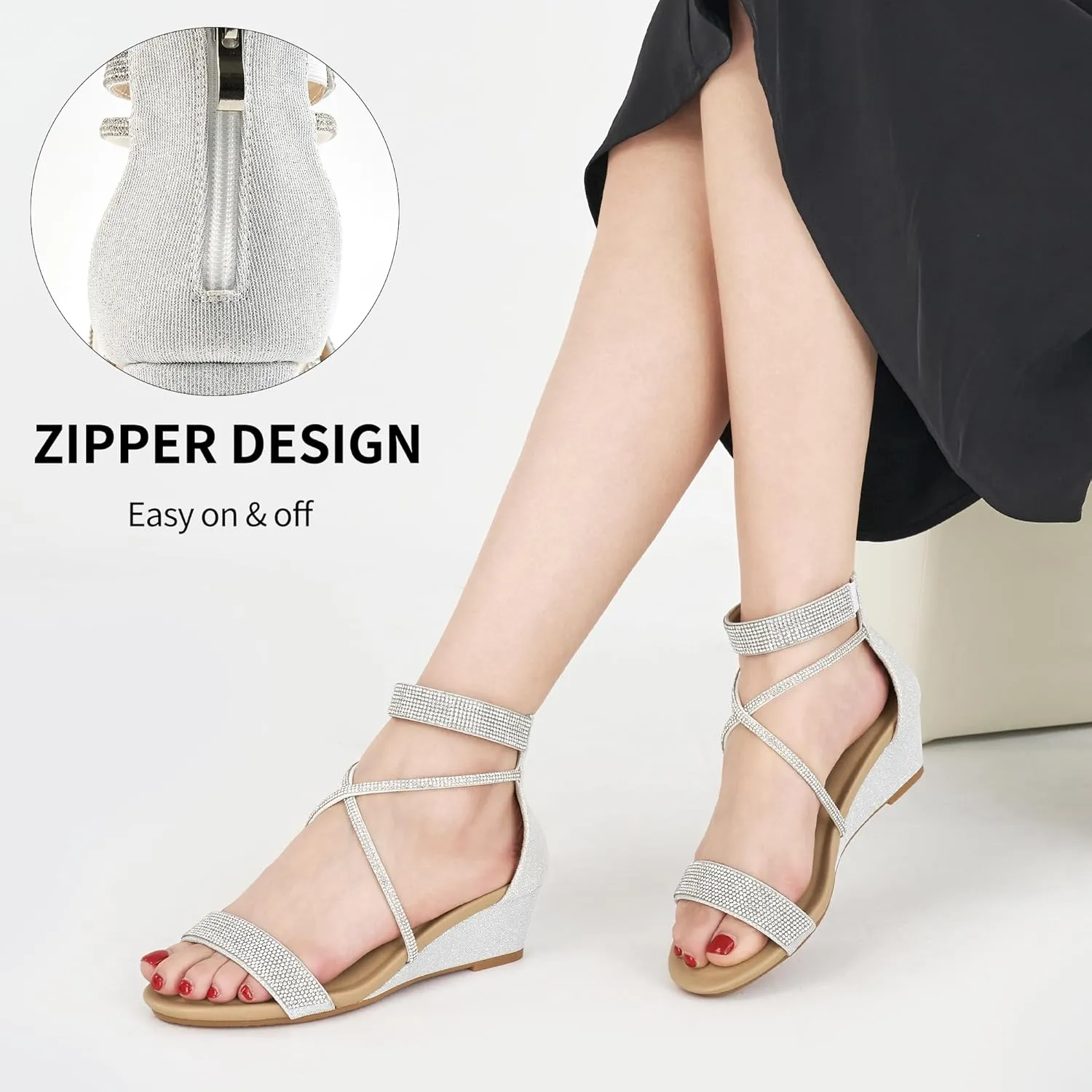 HARENCE Wedge Sandals for Women Dressy: Comfortble Ankle Strap Zipper Low Heels Shoes Fashion Sparkly Summer Sandals