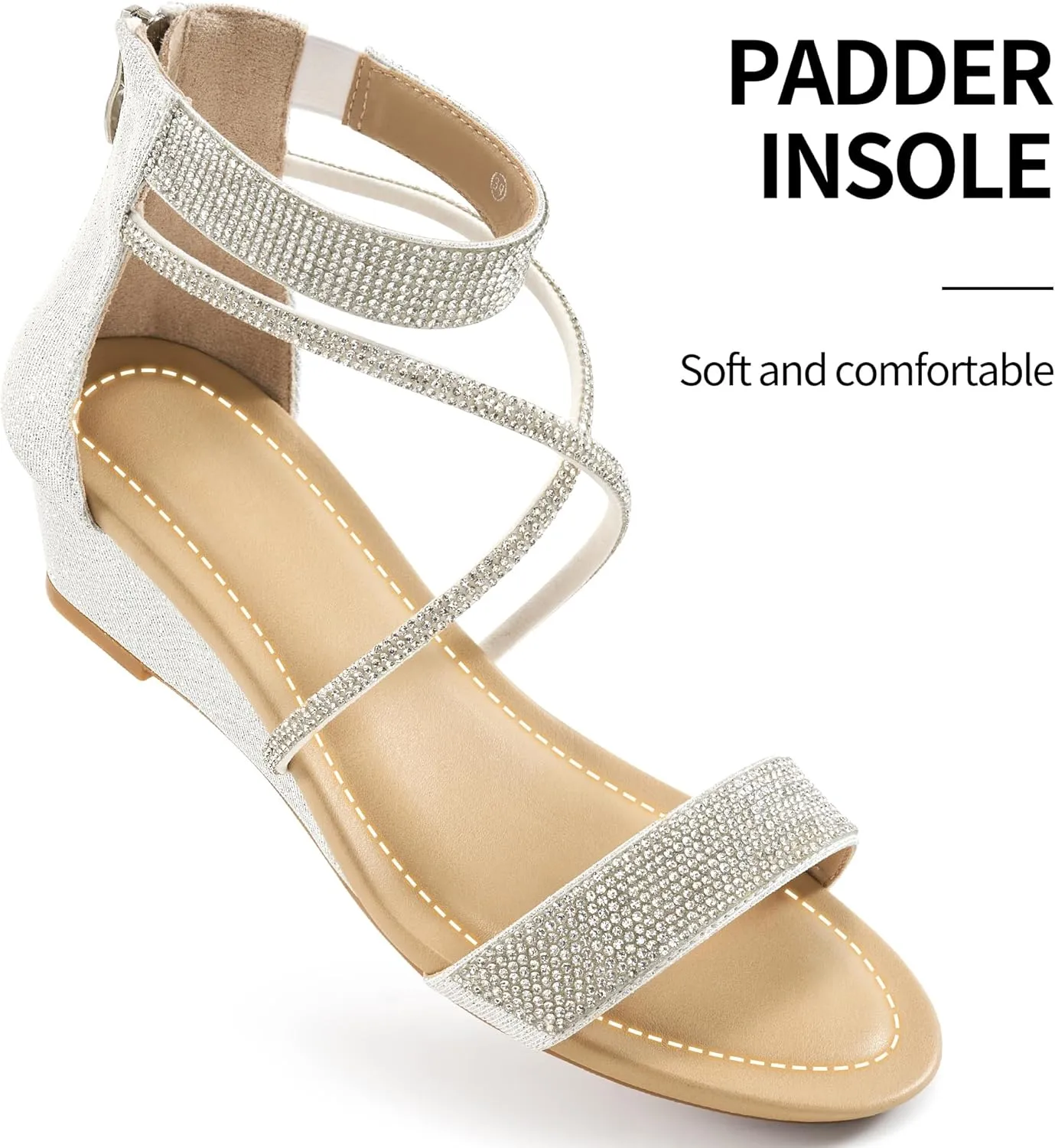 HARENCE Wedge Sandals for Women Dressy: Comfortble Ankle Strap Zipper Low Heels Shoes Fashion Sparkly Summer Sandals