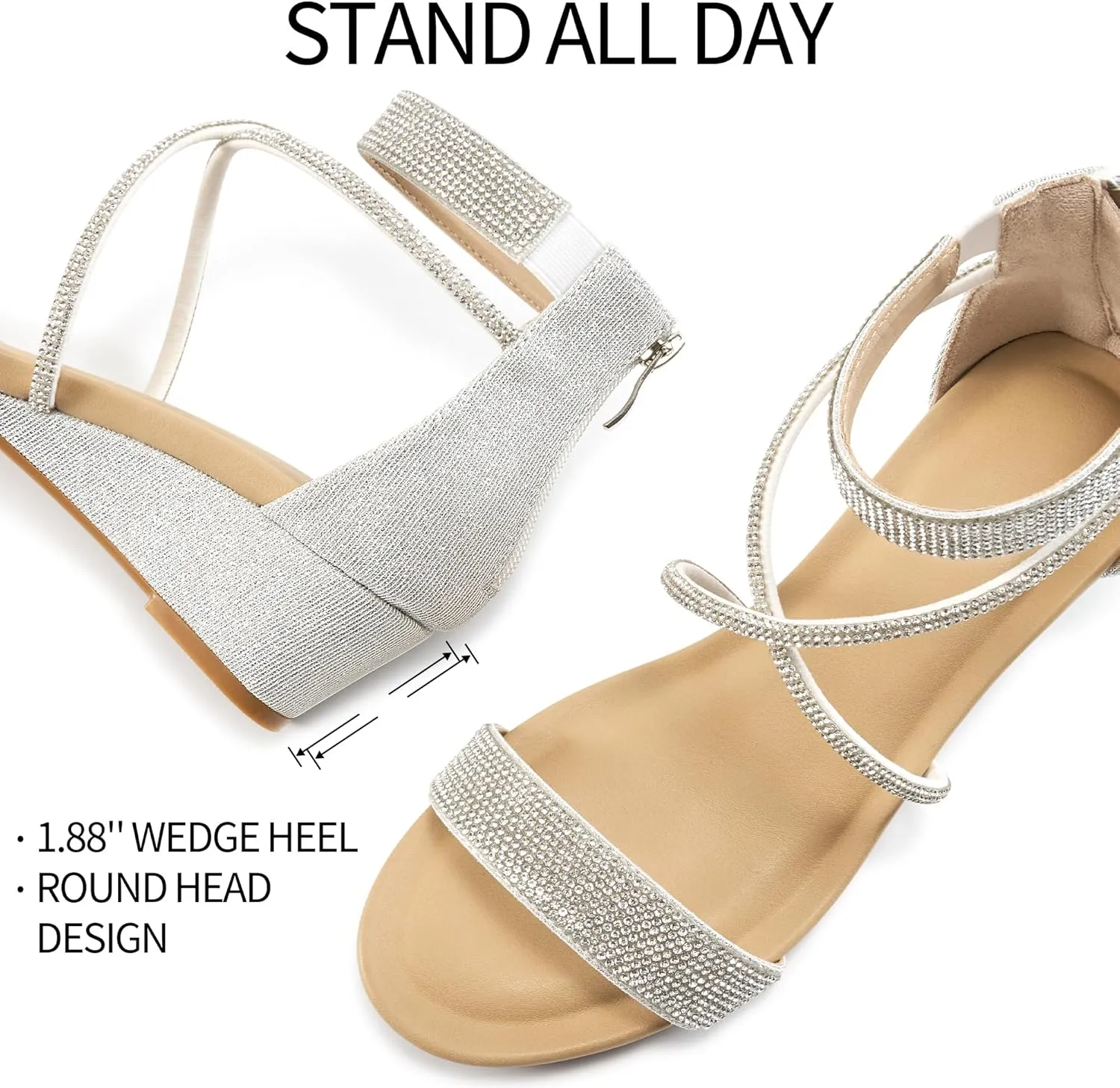 HARENCE Wedge Sandals for Women Dressy: Comfortble Ankle Strap Zipper Low Heels Shoes Fashion Sparkly Summer Sandals