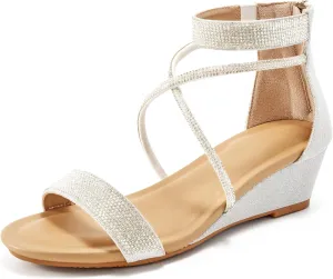 HARENCE Wedge Sandals for Women Dressy: Comfortble Ankle Strap Zipper Low Heels Shoes Fashion Sparkly Summer Sandals