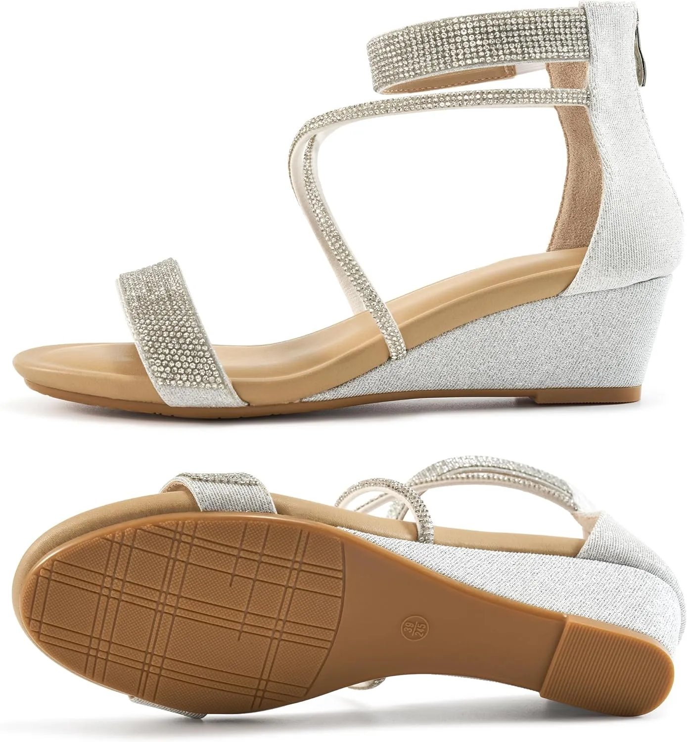 HARENCE Wedge Sandals for Women Dressy: Comfortble Ankle Strap Zipper Low Heels Shoes Fashion Sparkly Summer Sandals