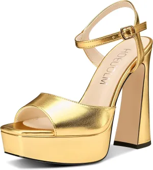 HDEUOLM Womens Chunky Block High Platform Heel Square Toe Peep Toe Sandals Ankle Strap Buckle Wedding Cute 5.3 Inches Heels