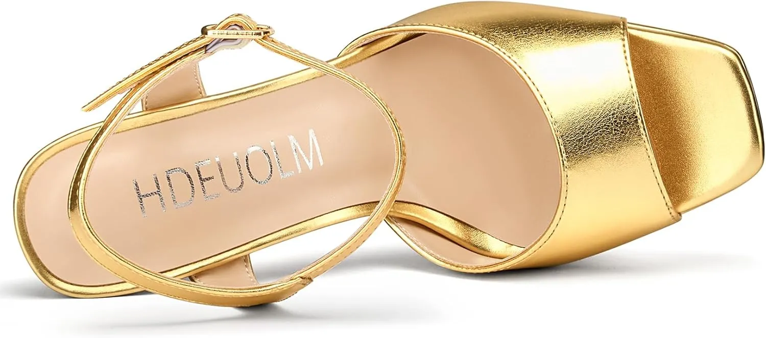 HDEUOLM Womens Chunky Block High Platform Heel Square Toe Peep Toe Sandals Ankle Strap Buckle Wedding Cute 5.3 Inches Heels