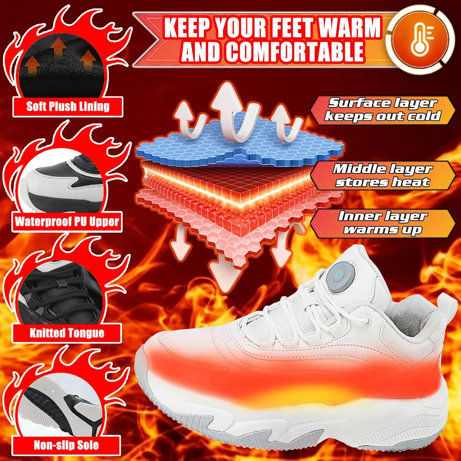 Heated Snow Sneakers for Men and Women, Electric Heating Shoes with Soft Warm Lining, Winter Sports Running Anti-Slip Comfortable Foot Warmer Shoes for Indoor/Outdoor