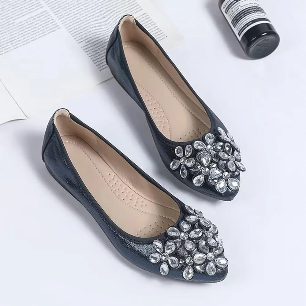 Hee grand Women Foldable Ballet Flats Bling Rhinestones Soft Leather Pointy Toe Flats Sparkle Wedding Dress Shoes Comfort Slip on Loafers Big Size