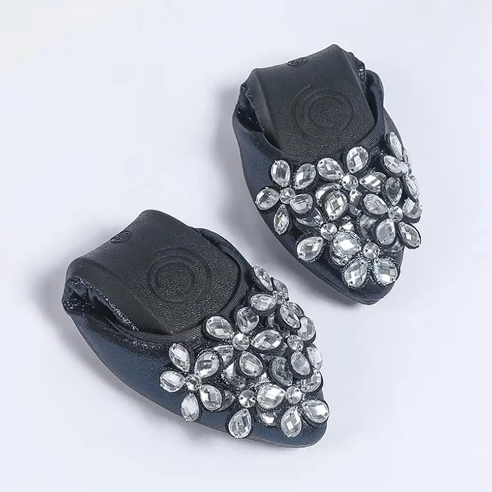 Hee grand Women Foldable Ballet Flats Bling Rhinestones Soft Leather Pointy Toe Flats Sparkle Wedding Dress Shoes Comfort Slip on Loafers Big Size