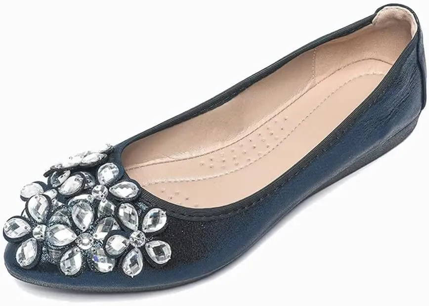 Hee grand Women Foldable Ballet Flats Bling Rhinestones Soft Leather Pointy Toe Flats Sparkle Wedding Dress Shoes Comfort Slip on Loafers Big Size