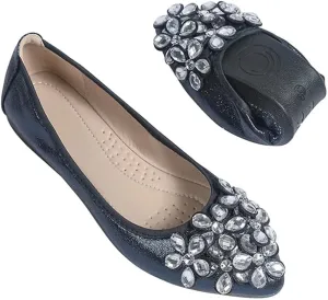 Hee grand Women Foldable Ballet Flats Bling Rhinestones Soft Leather Pointy Toe Flats Sparkle Wedding Dress Shoes Comfort Slip on Loafers Big Size