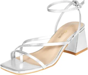 Heels Charm Women's Low Chunky Block Heeled Sandals 2.68 Inches Open Toe Cross Ankle Strap Block High Heel Sandal Dress Dancing Chunky Sandals Daily Work Party Wedding Shoes