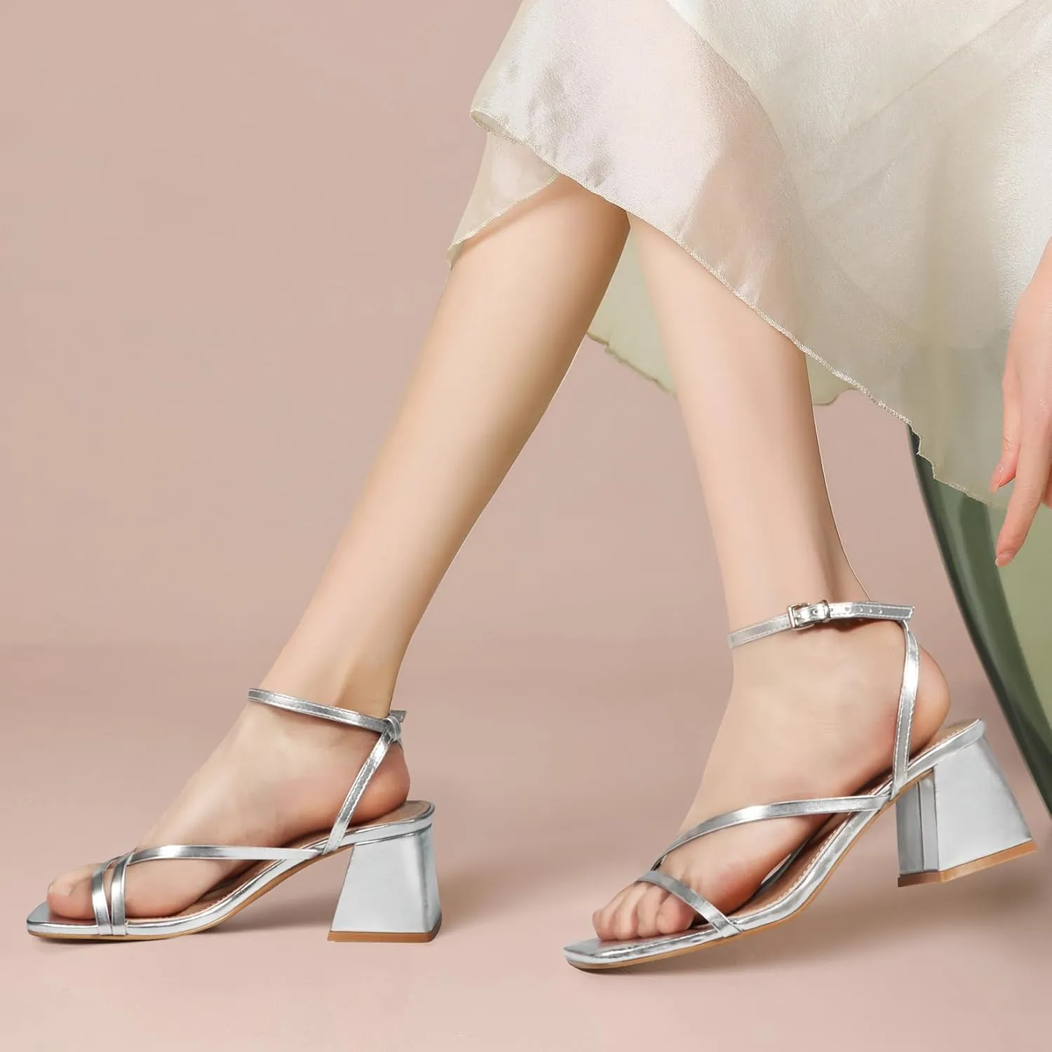 Heels Charm Women's Low Chunky Block Heeled Sandals 2.68 Inches Open Toe Cross Ankle Strap Block High Heel Sandal Dress Dancing Chunky Sandals Daily Work Party Wedding Shoes