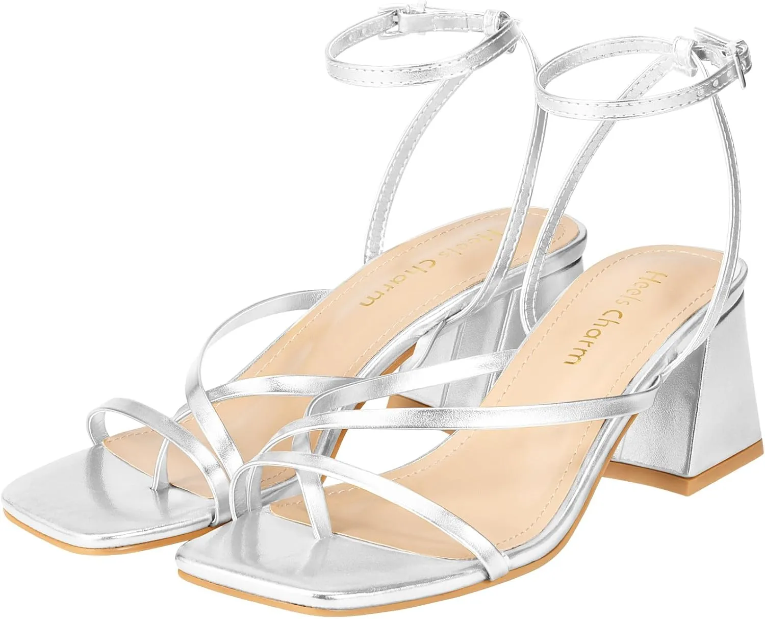 Heels Charm Women's Low Chunky Block Heeled Sandals 2.68 Inches Open Toe Cross Ankle Strap Block High Heel Sandal Dress Dancing Chunky Sandals Daily Work Party Wedding Shoes