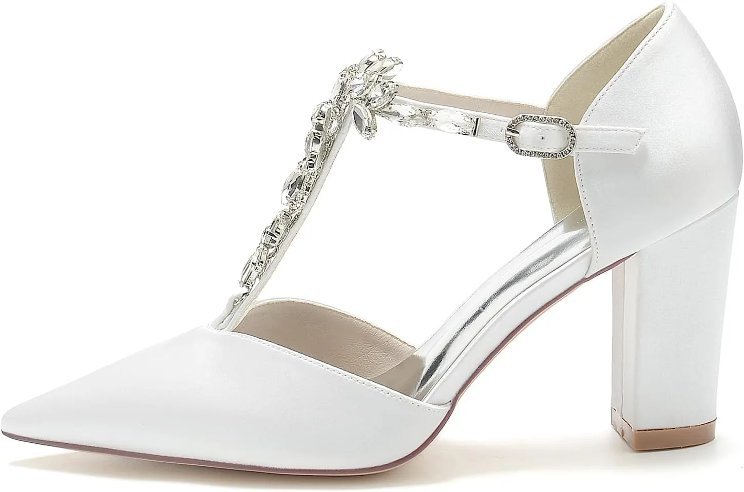 Heels for Women Sexy Satin Wedding Shoes Bridal Shoes Pointed Toe Chunky High Heel T-Strap Closed Toe Pumps Heeled Sandals Formal Evening Prom Party Dress Shoes
