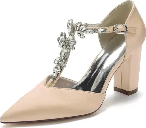 Heels for Women Sexy Satin Wedding Shoes Bridal Shoes Pointed Toe Chunky High Heel T-Strap Closed Toe Pumps Heeled Sandals Formal Evening Prom Party Dress Shoes