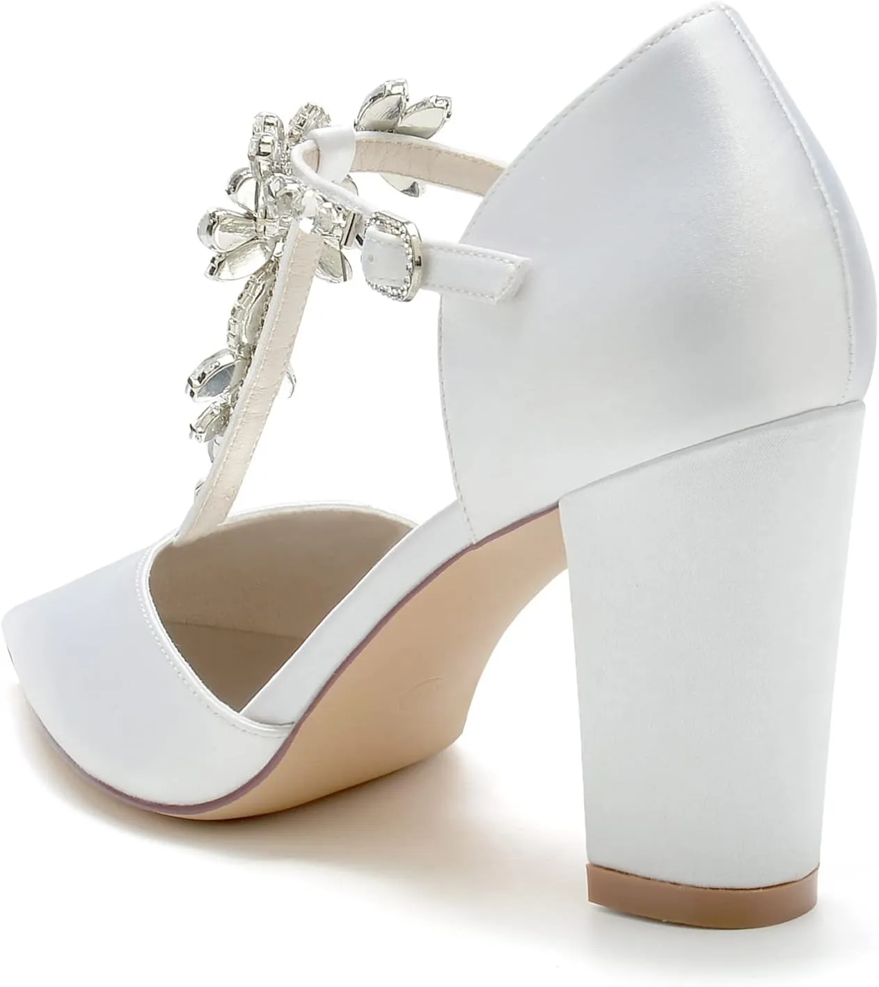 Heels for Women Sexy Satin Wedding Shoes Bridal Shoes Pointed Toe Chunky High Heel T-Strap Closed Toe Pumps Heeled Sandals Formal Evening Prom Party Dress Shoes
