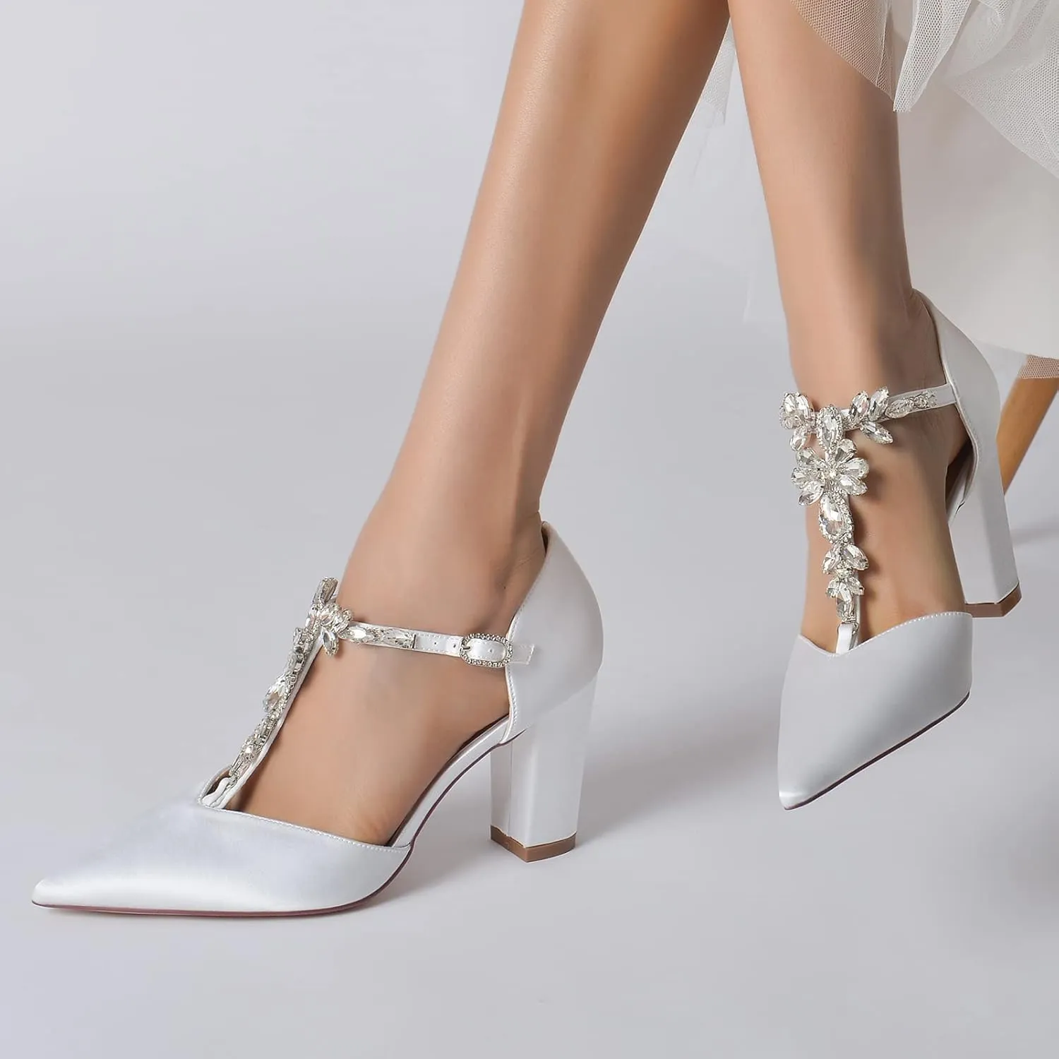 Heels for Women Sexy Satin Wedding Shoes Bridal Shoes Pointed Toe Chunky High Heel T-Strap Closed Toe Pumps Heeled Sandals Formal Evening Prom Party Dress Shoes
