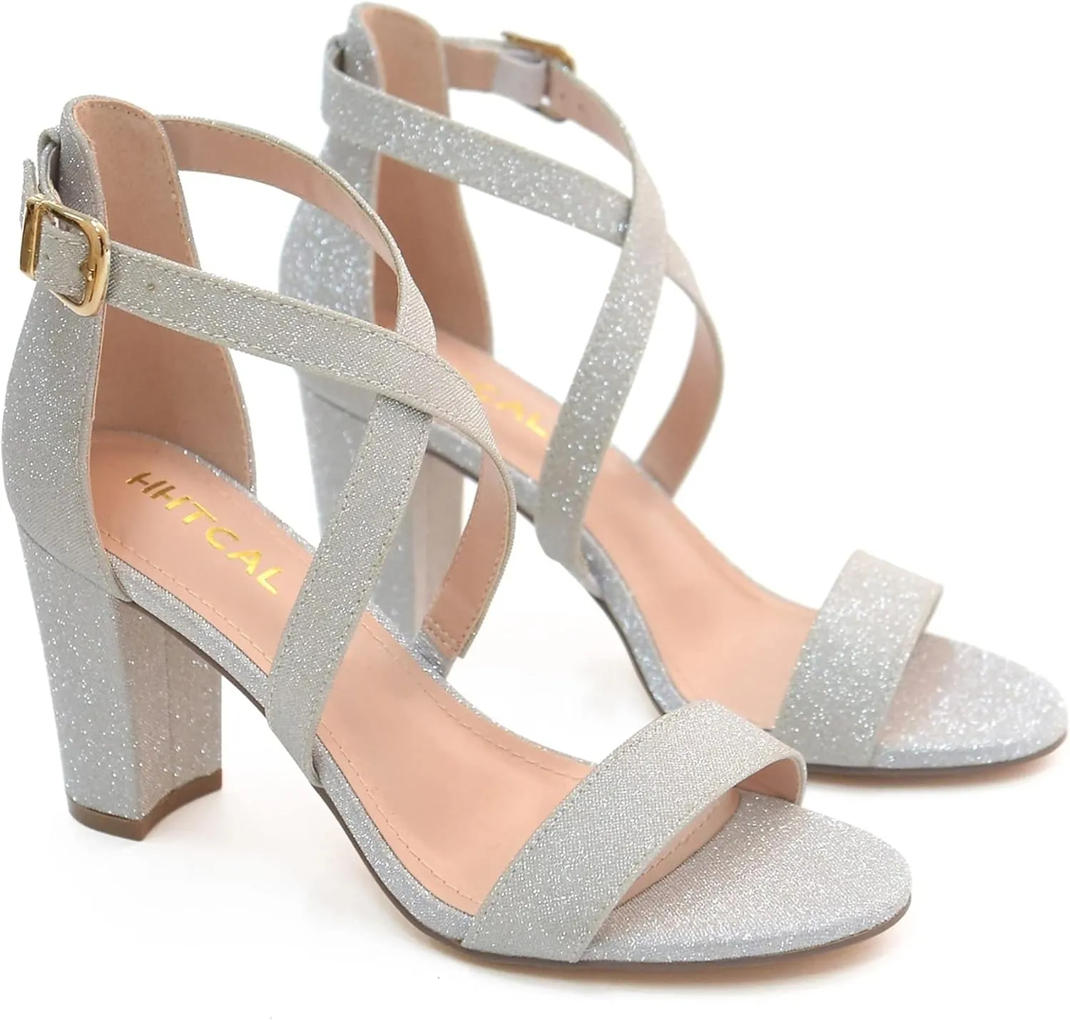 HHTCAL Cross Strappy Block Chunky Heels for Women 3 inch High Heel Open Toe Ankle Strap Heeled Sandals Party Bride Wedding Work Dress Shoes