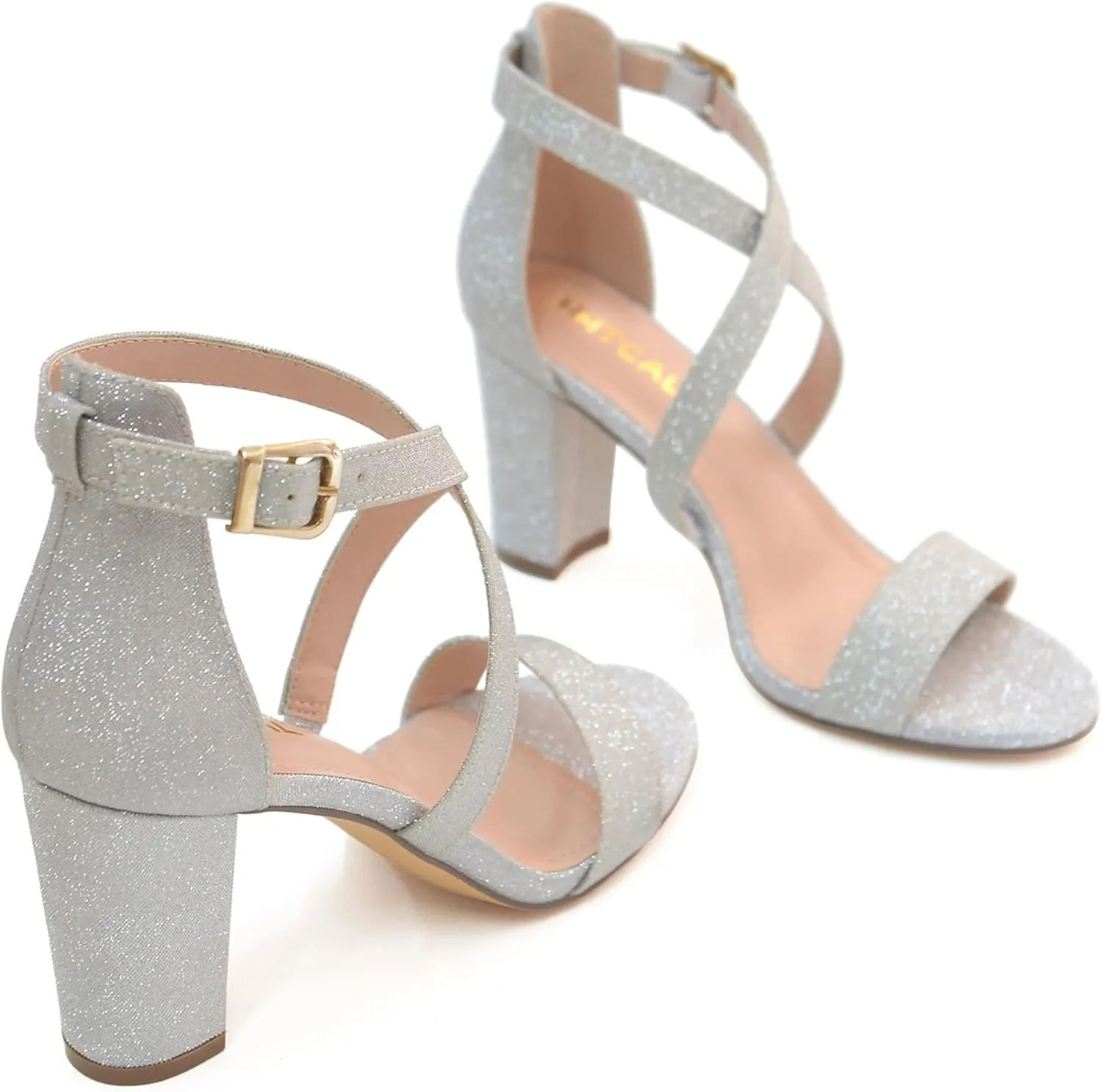 HHTCAL Cross Strappy Block Chunky Heels for Women 3 inch High Heel Open Toe Ankle Strap Heeled Sandals Party Bride Wedding Work Dress Shoes