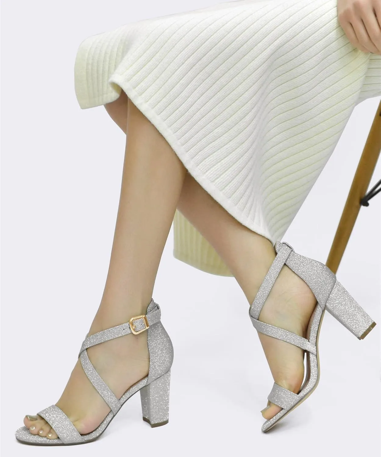 HHTCAL Cross Strappy Block Chunky Heels for Women 3 inch High Heel Open Toe Ankle Strap Heeled Sandals Party Bride Wedding Work Dress Shoes