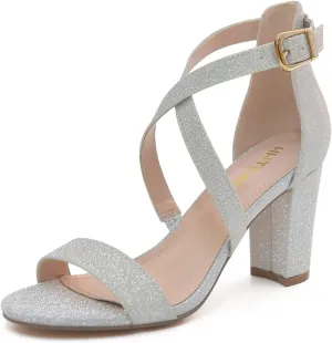 HHTCAL Cross Strappy Block Chunky Heels for Women 3 inch High Heel Open Toe Ankle Strap Heeled Sandals Party Bride Wedding Work Dress Shoes