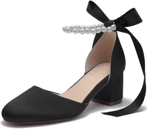 High Block Heel Wedding Closed Toe Sandals for Bride Pearl Bow Ankle Strap Women Chunky Heels Sandal Round Toe Satin Bridal Shoes