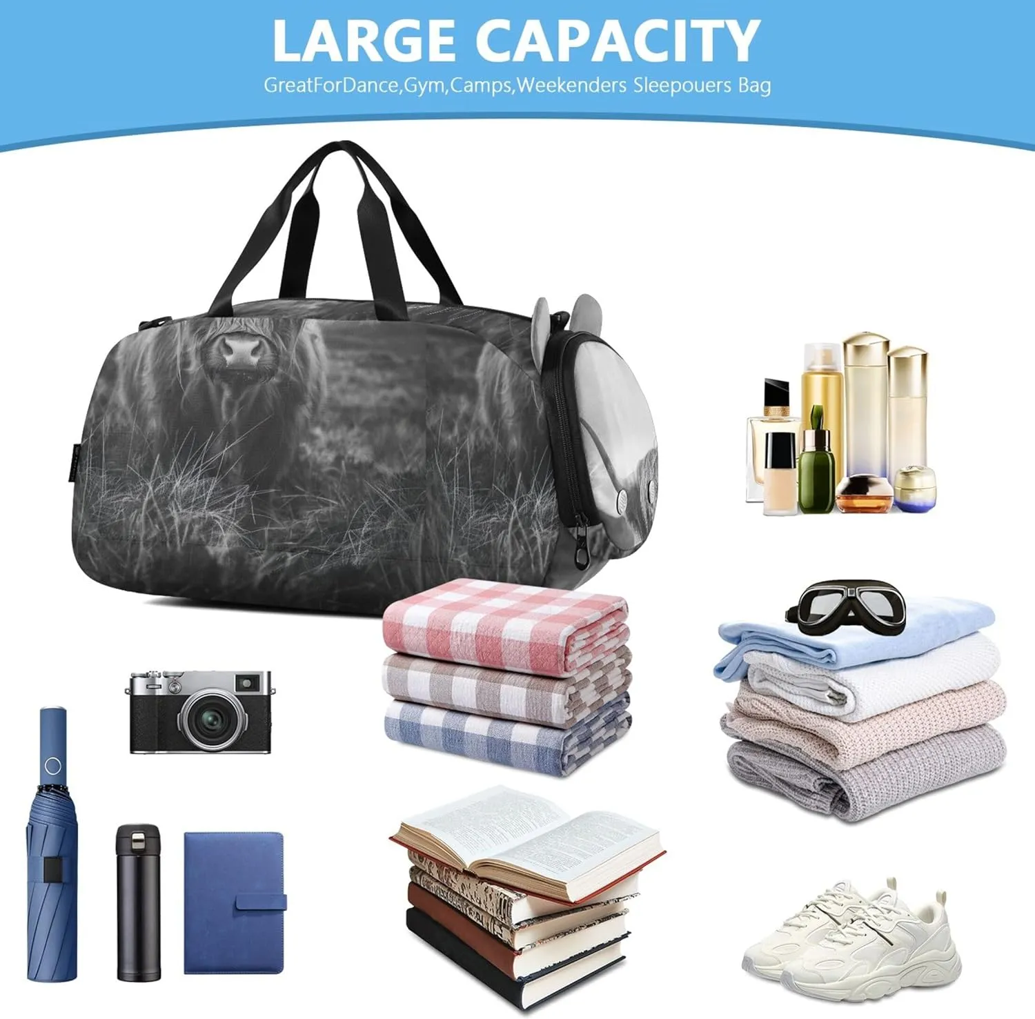 Highland Cow Wild Duffle Bags for Traveling Tote Weekend Duffel Overnight Luggage Kids Sports Carry on Duffel Bag for Boys