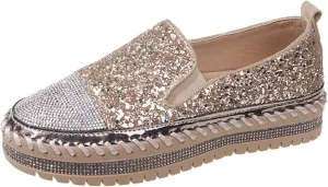 HINDOLA Women's Platform Rhinestone Glitter Sneaker Fashion Slip-On Sparkle Bling Flat Loafers Casual Walking Dress Shoes