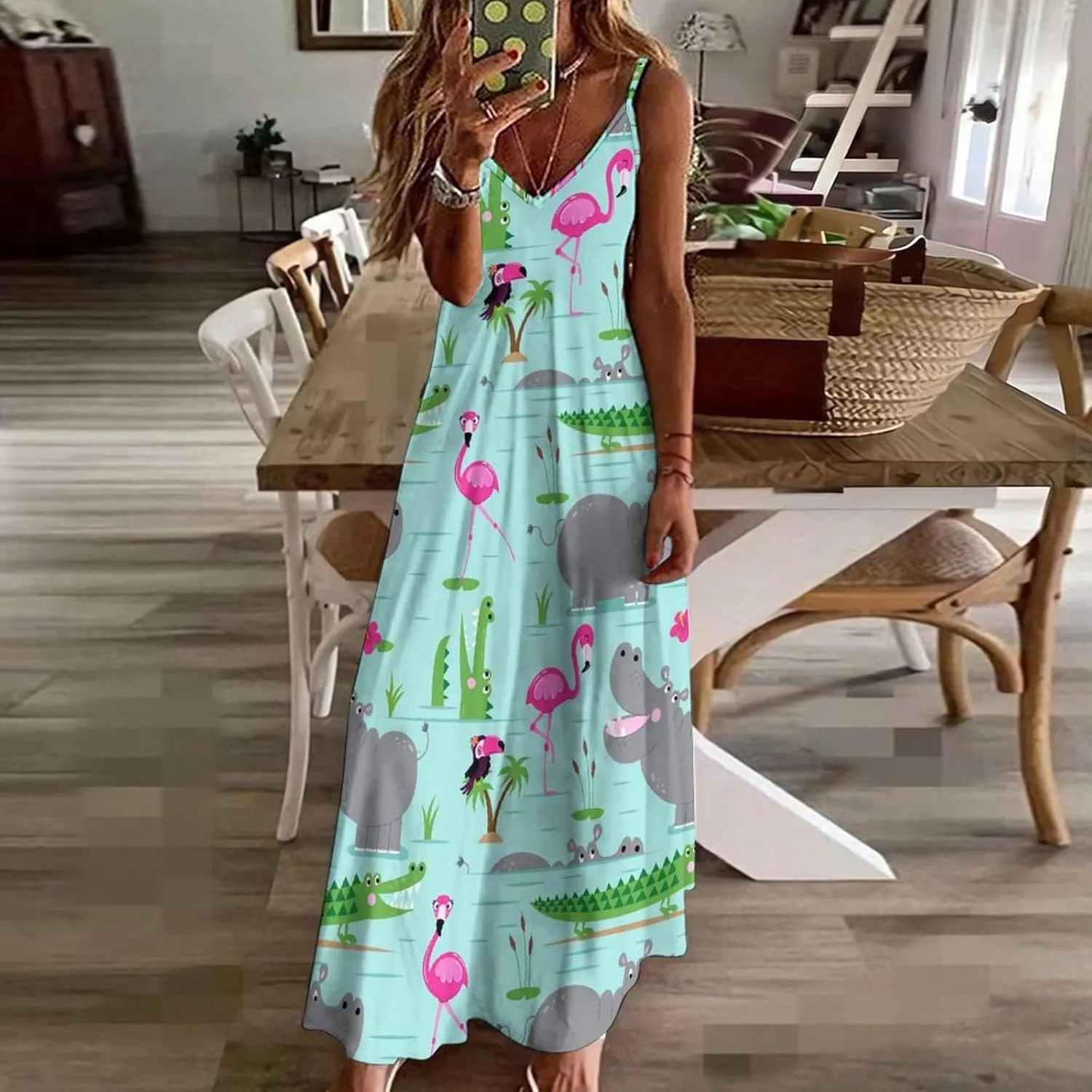 Hippo with Flamingos and Crocodiles Long Summer Dresses for Women 2025 Summer Maxi Dresses Flowy Spaghetti Strap Sundress