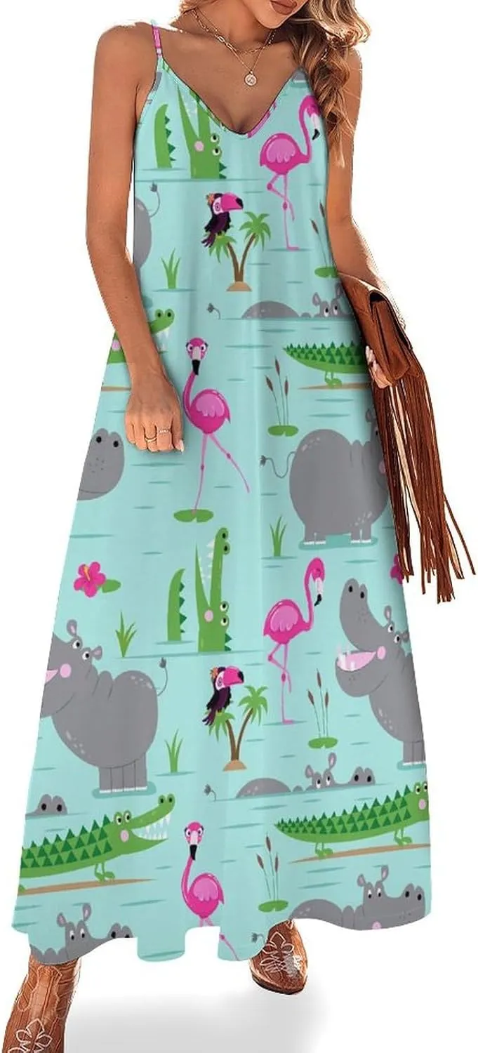 Hippo with Flamingos and Crocodiles Long Summer Dresses for Women 2025 Summer Maxi Dresses Flowy Spaghetti Strap Sundress