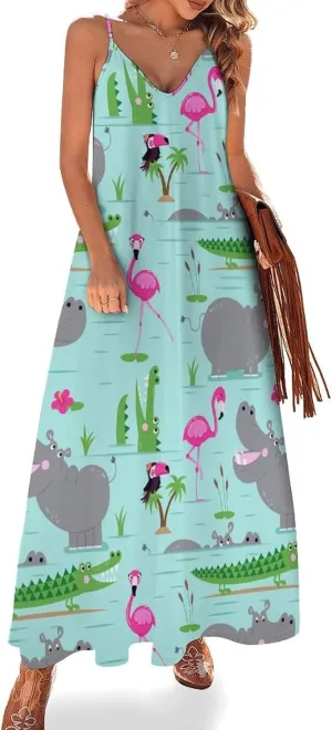 Hippo with Flamingos and Crocodiles Long Summer Dresses for Women 2025 Summer Maxi Dresses Flowy Spaghetti Strap Sundress