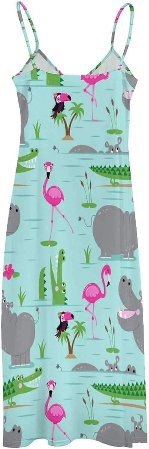 Hippo with Flamingos and Crocodiles Long Summer Dresses for Women 2025 Summer Maxi Dresses Flowy Spaghetti Strap Sundress