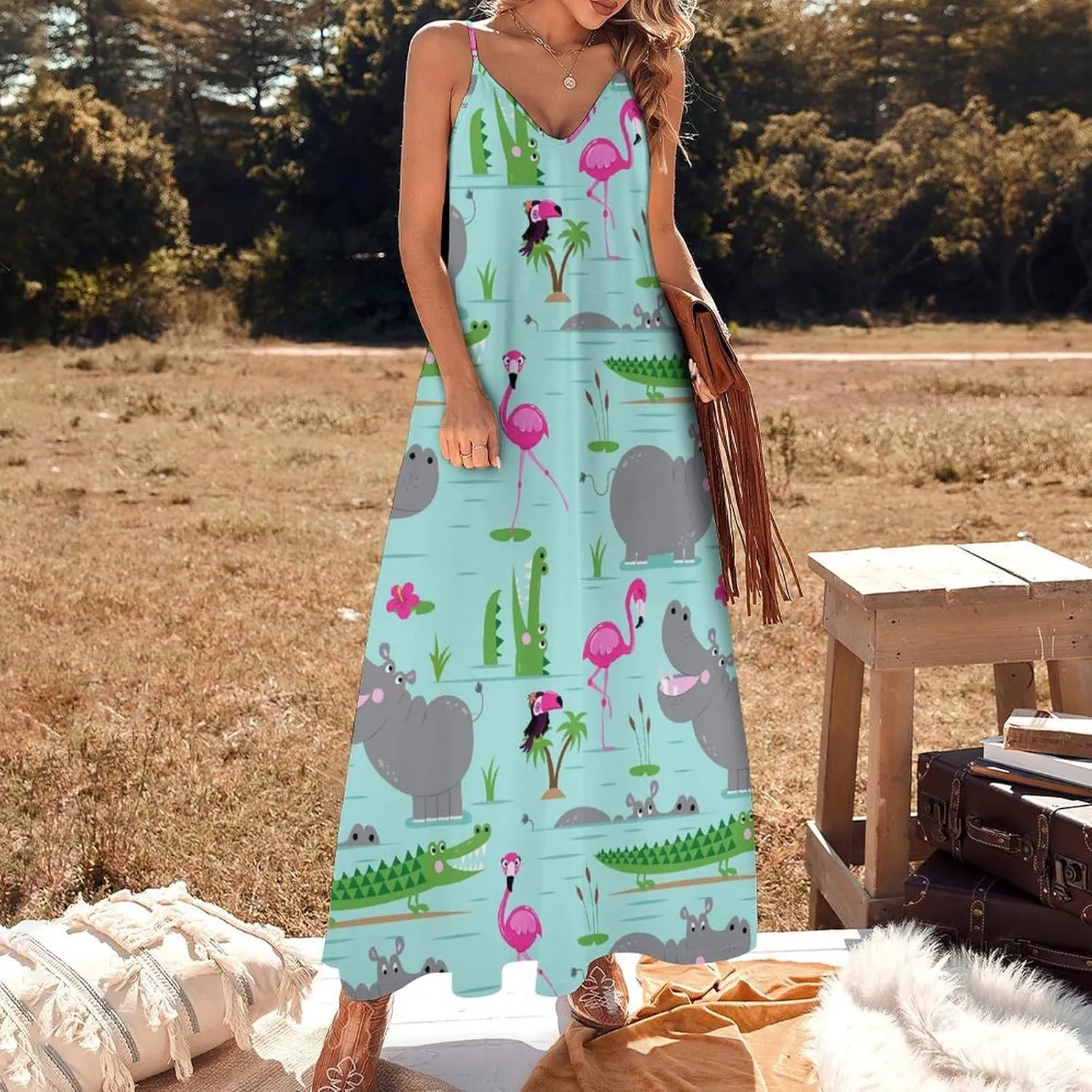 Hippo with Flamingos and Crocodiles Long Summer Dresses for Women 2025 Summer Maxi Dresses Flowy Spaghetti Strap Sundress