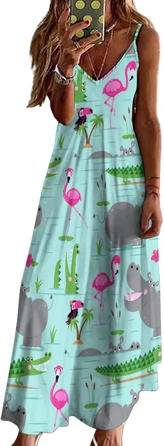 Hippo with Flamingos and Crocodiles Long Summer Dresses for Women 2025 Summer Maxi Dresses Flowy Spaghetti Strap Sundress