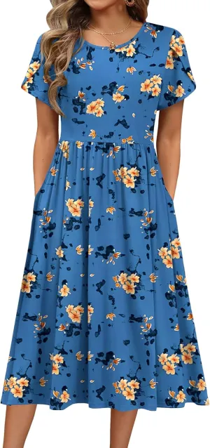 HOTOUCH Women's Summer Short Sleeve A-Line Midi Dresses Casual Floral T-Shirt Dress Flowy Beach Sundress with Pockets