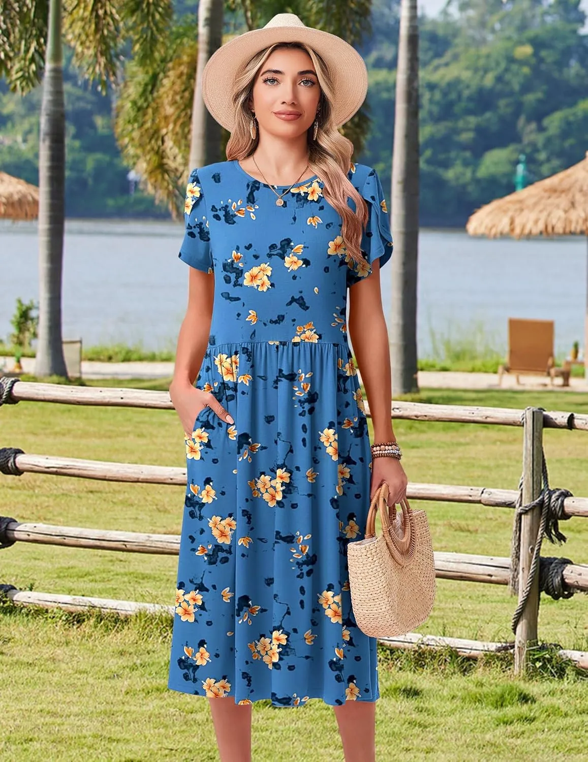 HOTOUCH Women's Summer Short Sleeve A-Line Midi Dresses Casual Floral T-Shirt Dress Flowy Beach Sundress with Pockets