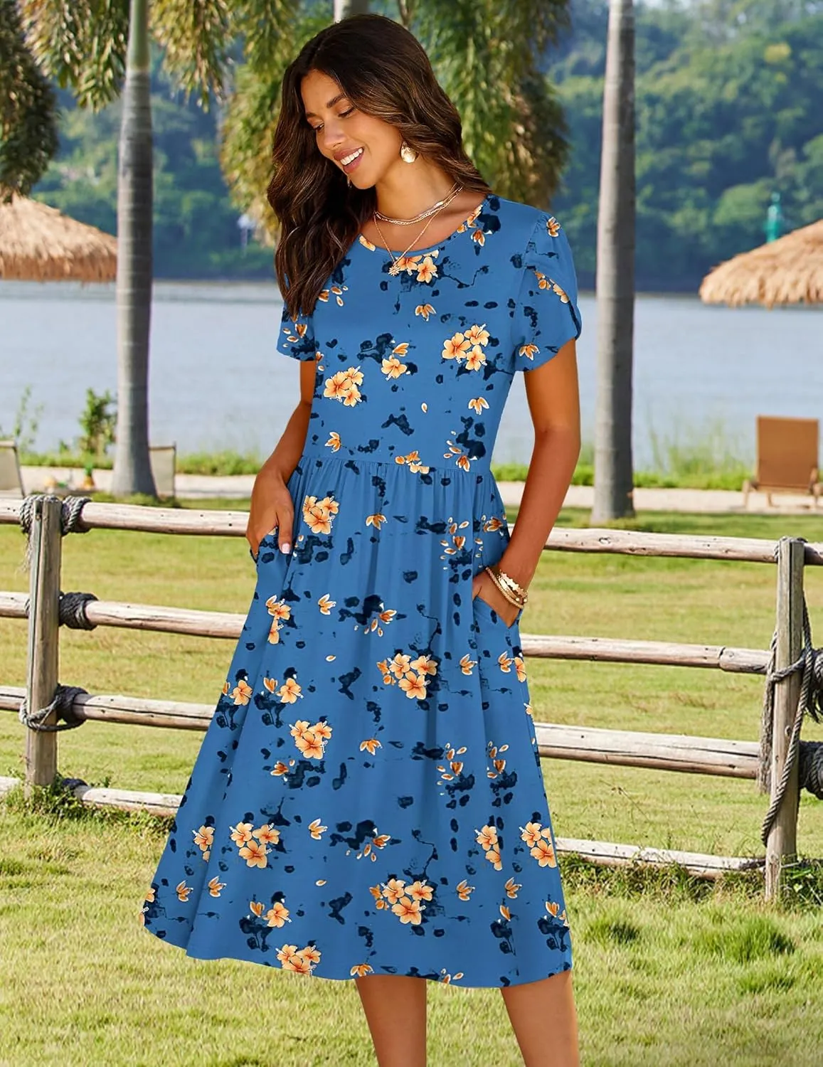 HOTOUCH Women's Summer Short Sleeve A-Line Midi Dresses Casual Floral T-Shirt Dress Flowy Beach Sundress with Pockets
