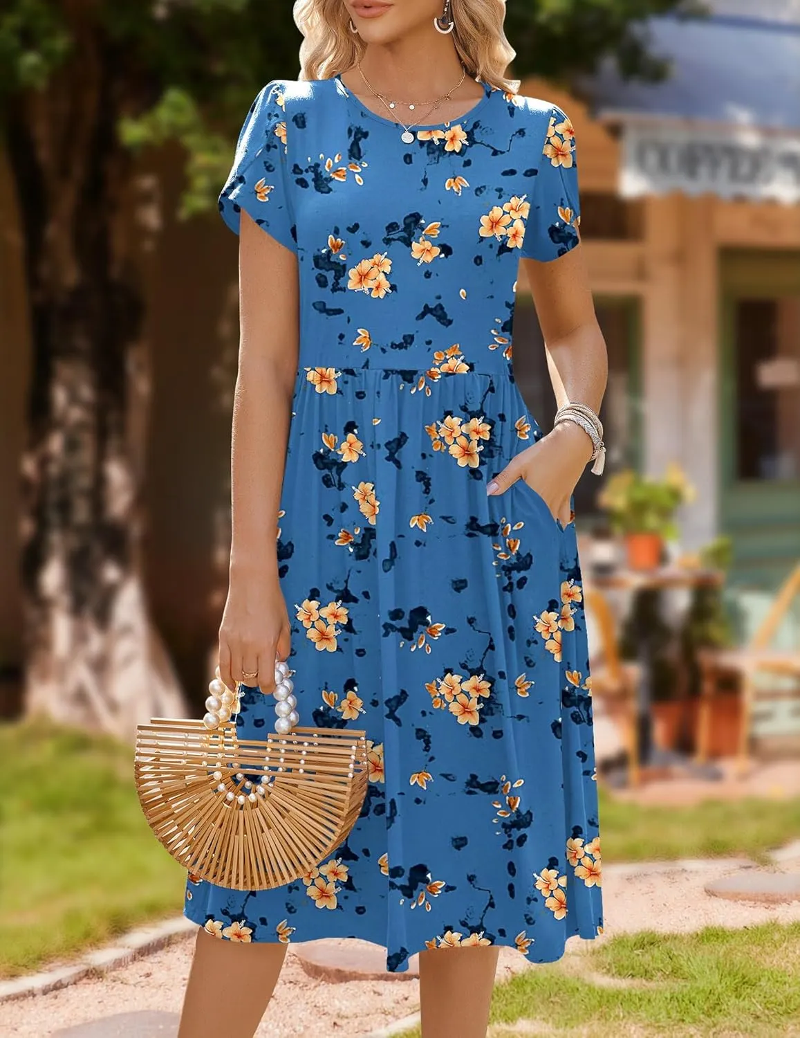 HOTOUCH Women's Summer Short Sleeve A-Line Midi Dresses Casual Floral T-Shirt Dress Flowy Beach Sundress with Pockets