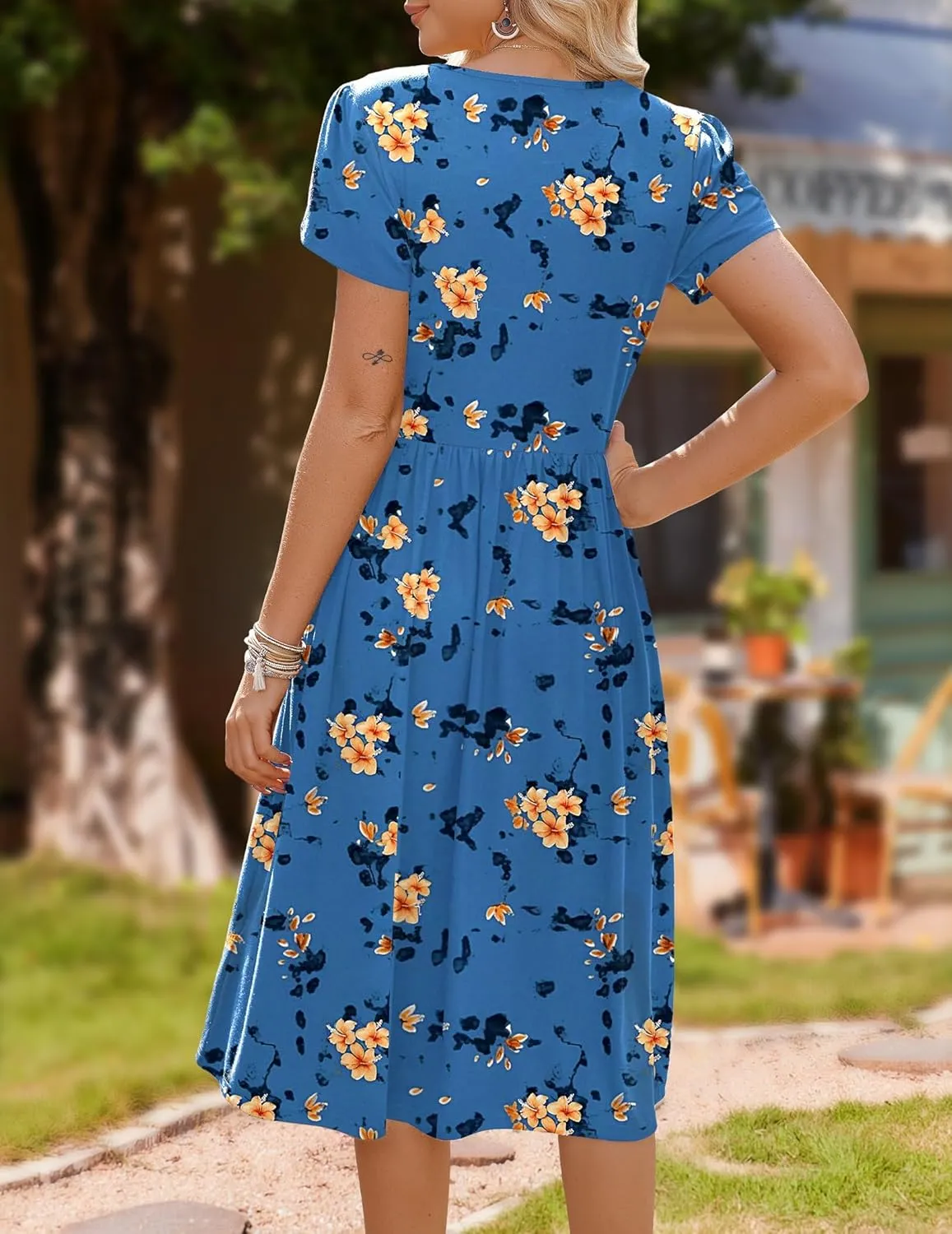 HOTOUCH Women's Summer Short Sleeve A-Line Midi Dresses Casual Floral T-Shirt Dress Flowy Beach Sundress with Pockets