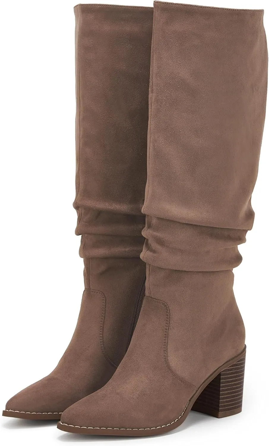 Huiyuzhi Womens Pointed Toe Mid Chunky Heel Side Zipper Knee High Boots Tall Booties