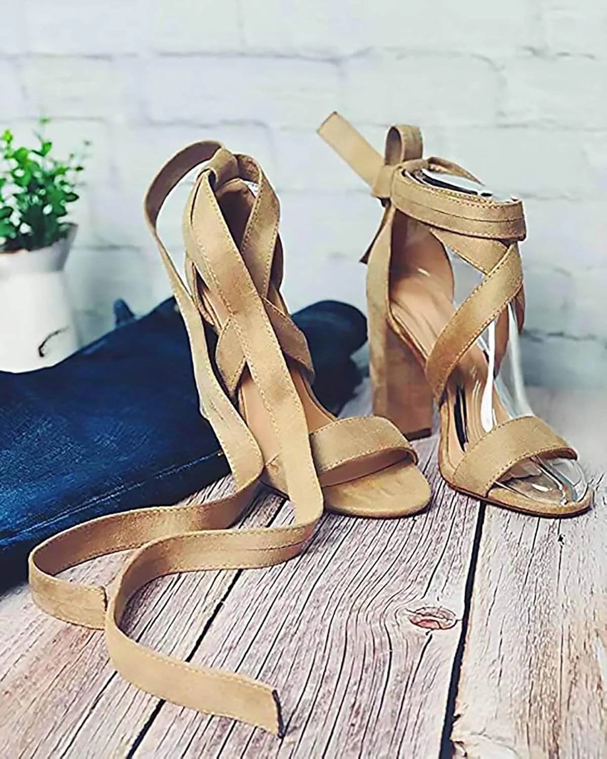 Huiyuzhi Womens Strappy Heels Lace up High Heeled Sandals Chunky Block Ankle Tie Pumps Dress Party Shoes