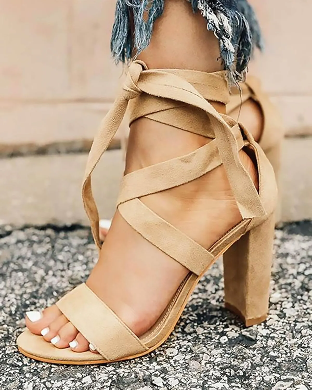 Huiyuzhi Womens Strappy Heels Lace up High Heeled Sandals Chunky Block Ankle Tie Pumps Dress Party Shoes
