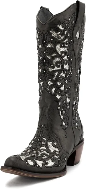 Huntarry Glitter Rhinestone Cowboy Boots For Women Sparkle Mid Calf Wedding Boots For Bride Square Toe Chunky Block Heel Western Cowgirl Boot