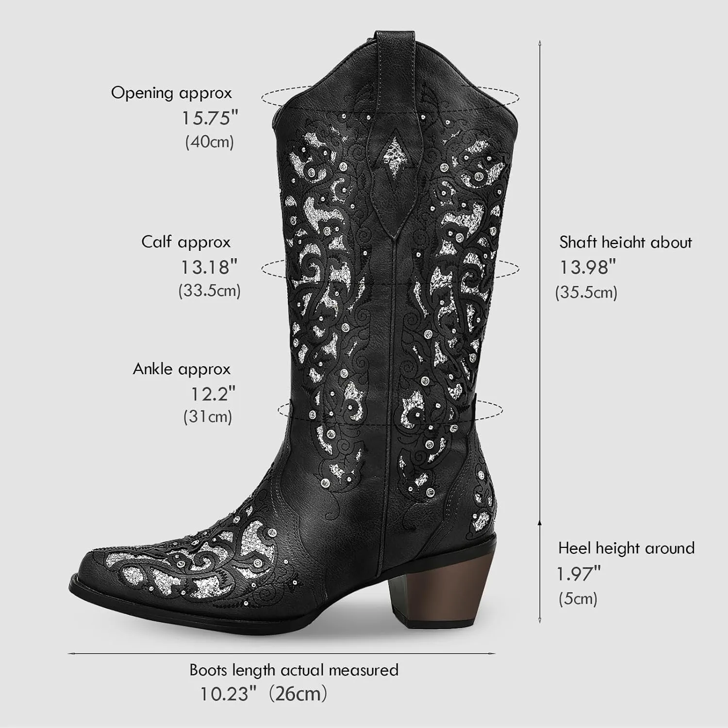 Huntarry Glitter Rhinestone Cowboy Boots For Women Sparkle Mid Calf Wedding Boots For Bride Square Toe Chunky Block Heel Western Cowgirl Boot