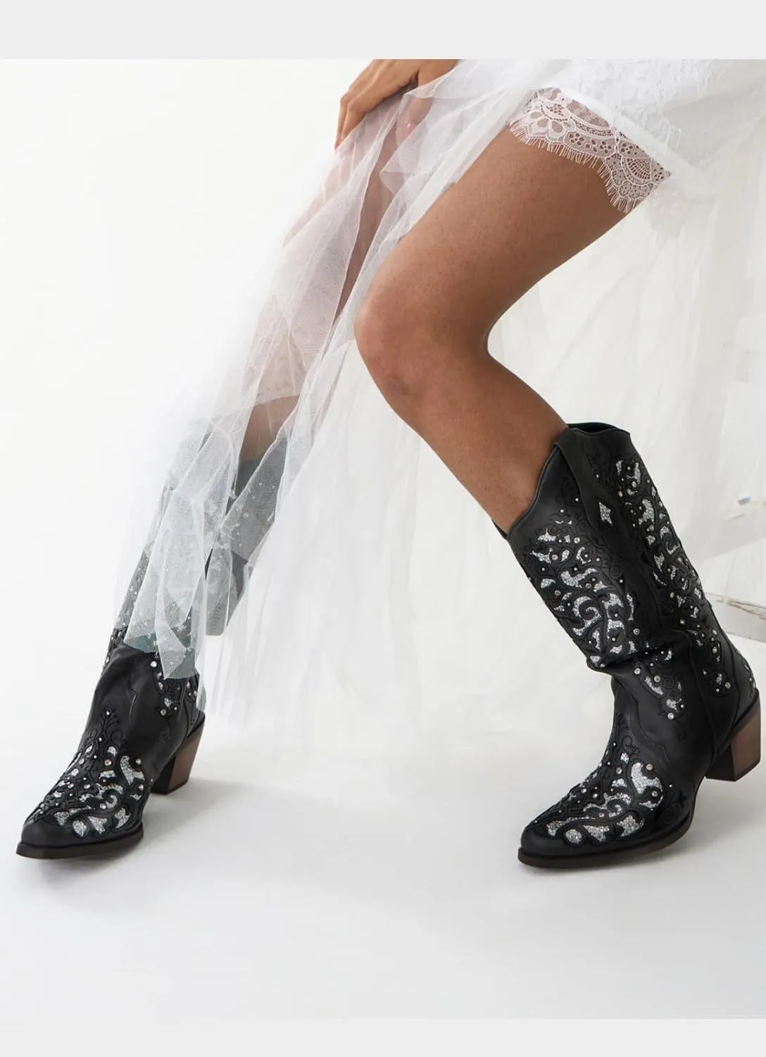 Huntarry Glitter Rhinestone Cowboy Boots For Women Sparkle Mid Calf Wedding Boots For Bride Square Toe Chunky Block Heel Western Cowgirl Boot