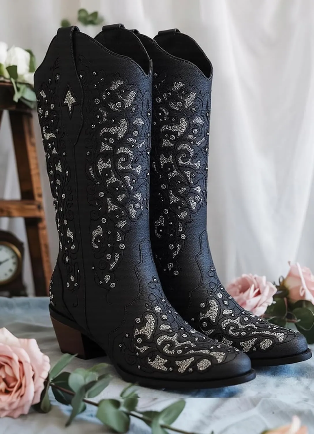 Huntarry Glitter Rhinestone Cowboy Boots For Women Sparkle Mid Calf Wedding Boots For Bride Square Toe Chunky Block Heel Western Cowgirl Boot